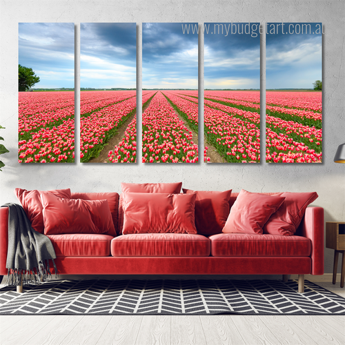 Blossoming Red And Pink Tulips Flowers Modern Wall Art Image 5 Piece Framed Canvas Wall Art Prints Set For Living Room