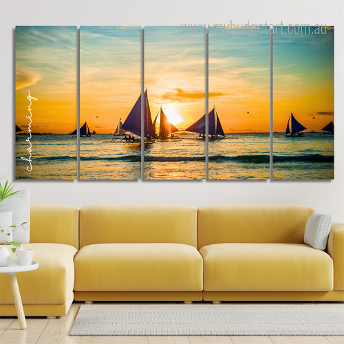 Sailboats At Sunset Boracay Island Landscape Modern Framed Painting Photo 5 Piece Framed Canvas Wall Art Prints Set For Room Décor