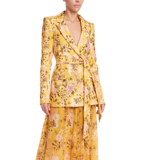Yellow Multi | Floral Printed Tie Waist Blazer Front