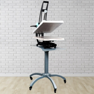 Heat Press Caddie Stand with a 16 x 20 heat press on it against a brick wall 
