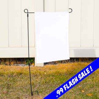 Flash Sale Banner on the Sublimation Garden Flag shown in a yard 
