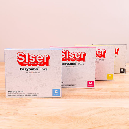 High capacity Siser EasySubli ink cartridges in Cyan, Magenta, Yellow, and Black.