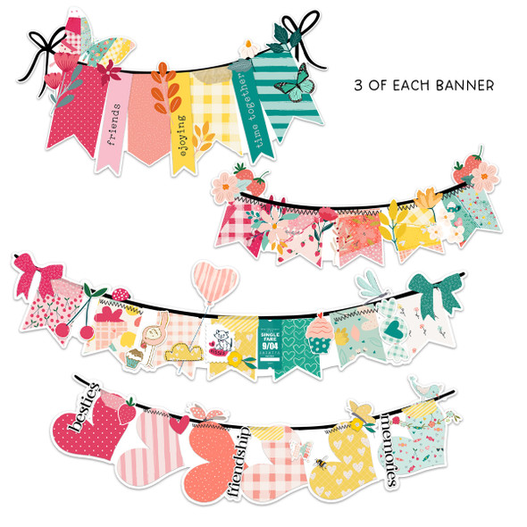 This delightful banner pack is a treasure trove for scrapbookers and crafters alike! Bursting with a charming assortment of flags, cheerful words, whimsical butterflies, and vibrant fruit illustrations, these elements are perfect for adding playful accents and personalized touches to your projects. Whether you're creating themed layouts, embellishing cards, or adding a pop of color to journals, this collection offers a whimsical range of designs to spark your creativity and make your memories shine.