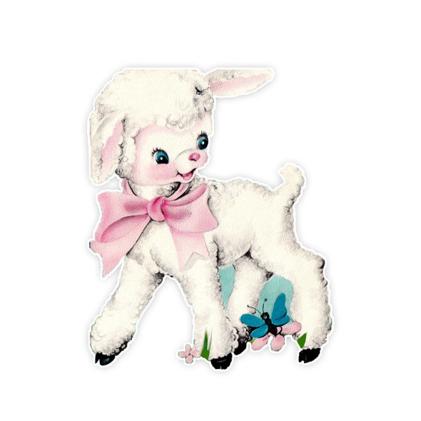 This charming vintage lamb die-cut, complete with a sweet pink bow, is an ideal embellishment for scrapbooks or crafting adorable cards. Its nostalgic appeal and delightful design make it a perfect addition to any project needing a touch of vintage charm and cuteness.