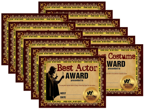 Twelve award certificates for a murder mystery party available via instant download