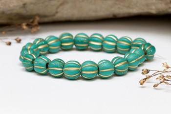 Czech Glass 8mm Large Hole Melon Beads - Matte Sea Green with Gold Wash