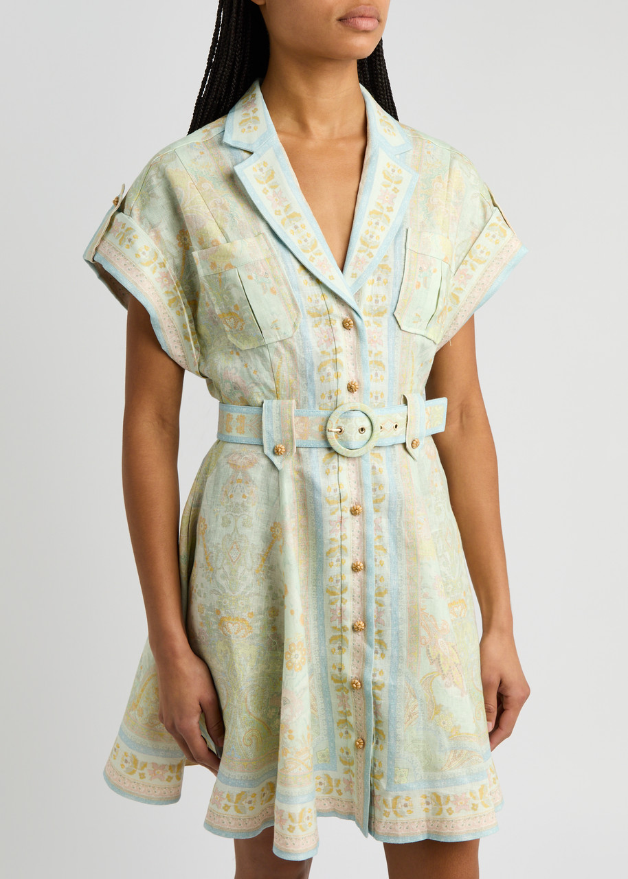 Zimmermann Acacia Belted Paisley-print Linen Mini Shirt Dress In Multicoloured 1