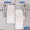 Overhead view of a roll of toilet paper on a holder before and after using the Charmin Roll Extender. Without using the roll extender, the roll of toilet paper rubs against the wall. When using the roll extender, there is plenty of room to unroll your large roll of Charmin!