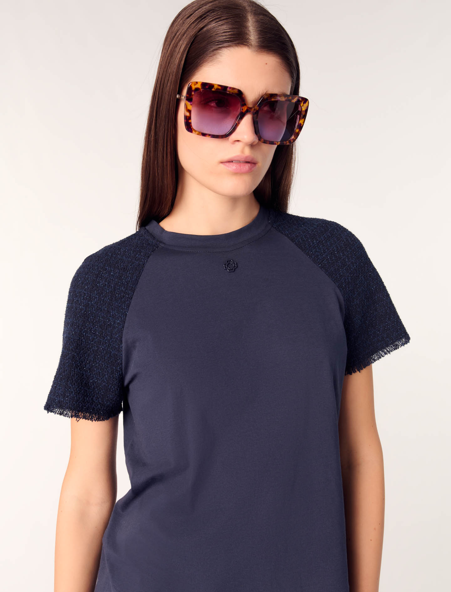 Tweed sleeved Tshirt - Navy