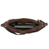 The inside view with contents of the London Leather Sling in dark coffee brown