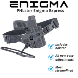 Infographic showing PHLster Enigma Express holster features. The Express is a concealed carry holster that doesn't use a belt. Infographic showing PHLster Enigma Express holster features. The Express is a concealed carry holster that doesn't use a belt.