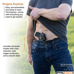 Enigma Express holster for Sig P365XL, shown on a fit man wearing jeans. Text explains you can position the gun in your sweet spot.